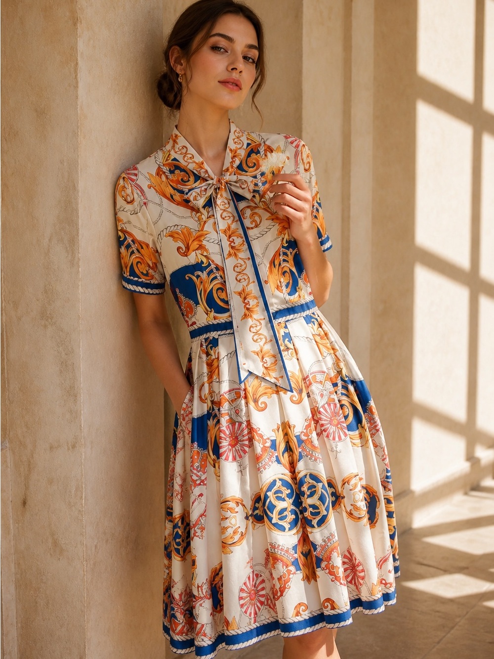 Tie-Neck Printed Fit-and-Flare Dress in Cream and Blue
